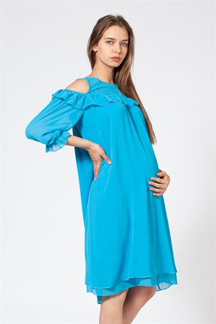 Busa Hamile Fırfırlı Elbise Mavi